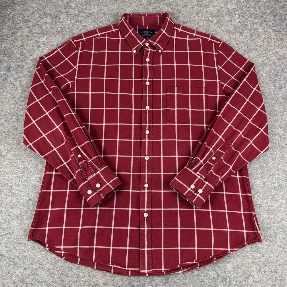 Charles Tyrwhitt Weekend Button Down Shirt Slim Fit Check Cotton Red Mens XL